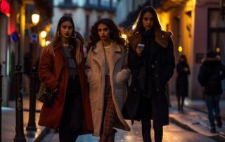 Fashionable young trio in Madrid, wearing trendy, form-fitting yet relaxed clothing. Showcase their adventure through Madrid's bustling streets and serene parks, captured in a documentary style with a Leica Q2 for vivid, lifelike details and emotions, highlighting the contrast between their modern outfits and the historic cityscape